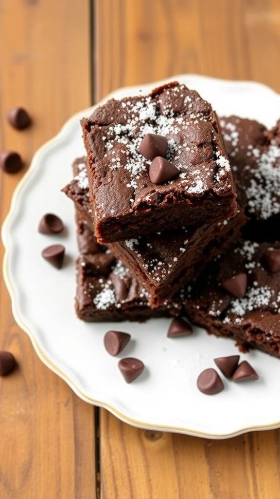 Fudgy zucchini brownies on a plate, garnished with powdered sugar and chocolate chips.